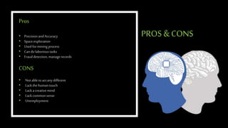 PROS & CONS
Pros
• Precision andAccuracy
• Spaceexploration
• Used formining process
• Candolaborioustasks
• Frauddetection,managerecords
CONS
• Notableto actanydifferent
• Lackthe humantouch
• Lacka creativemind
• Lackcommon sense
• Unemployment
 