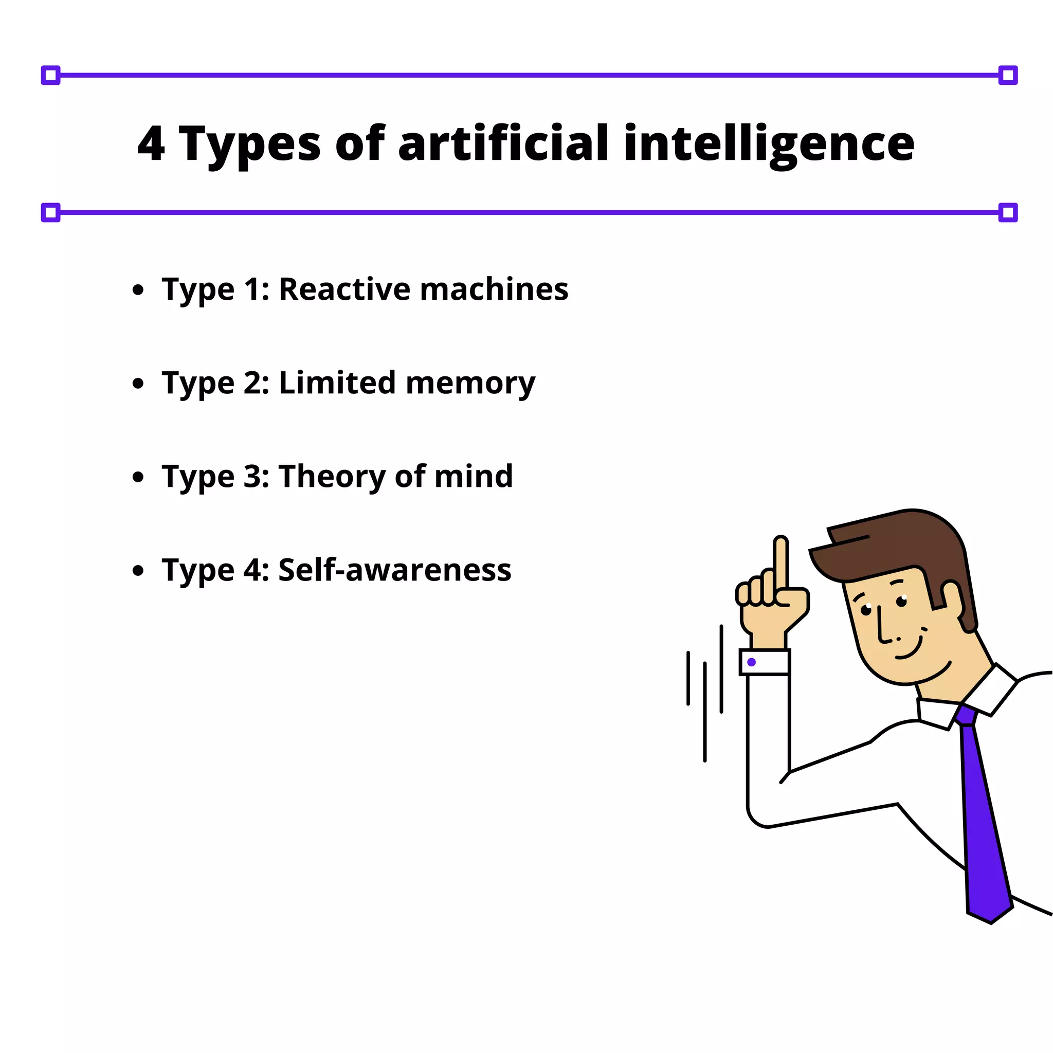 Type 1: Reactive machines
Type 2: Limited memory
Type 3: Theory of mind
Type 4: Self-awareness
4 Types of artificial intelligence
 