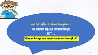 64
Can AI replace Human beings??????
AI can not replace human beings
BUT…..
Human beings can create wonders through AI
 