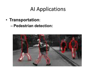 AI Applications
• Transportation:
– Pedestrian detection:
 