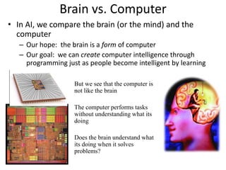 Brain vs. Computer
• In AI, we compare the brain (or the mind) and the
computer
– Our hope: the brain is a form of computer
– Our goal: we can create computer intelligence through
programming just as people become intelligent by learning
But we see that the computer is
not like the brain
The computer performs tasks
without understanding what its
doing
Does the brain understand what
its doing when it solves
problems?
 