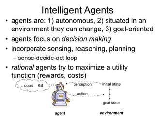 Intelligent Agents
• agents are: 1) autonomous, 2) situated in an
environment they can change, 3) goal-oriented
• agents focus on decision making
• incorporate sensing, reasoning, planning
– sense-decide-act loop
• rational agents try to maximize a utility
function (rewards, costs)
goals KB initial state
goal state
perception
action
agent environment
 