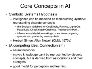Core Concepts in AI
• Symbolic Systems Hypothesis
– intelligence can be modeled as manipulating symbols
representing discrete concepts
• like Boolean variables for CupEmpty, Raining, LightsOn,
PowerLow, CheckmateInOneMove, PedestrianInPath...
• inference and decision-making comes from comparing
symbols and producing new symbols
– Herbert Simon, Allan Newell (CMU, 1970s)
• (A competing idea: Connectionism)
– neural networks
– maybe knowledge can’t be represented by discrete
concepts, but is derived from associations and their
strengths
– good model for perception and learning
 
