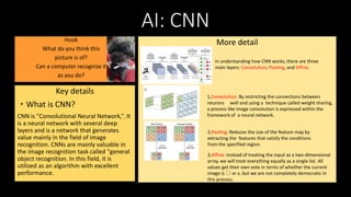 AI: CNN
Hook
What do you think this
picture is of?
Can a computer recognize it
as you do?
Key details
・What is CNN?
CNN is...