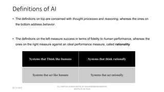 Definitions of AI
• The definitions on top are concerned with thought processes and reasoning, whereas the ones on
the bottom address behavior.
• The definitions on the left measure success in terms of fidelity to human performance, whereas the
ones on the right measure against an ideal performance measure, called rationality
Systems that Think like humans Systems that think rationally
Systems that act like humans Systems that act rationally
02-11-2023
Dr.J. SENTHIL KUMAR AP/CSE KIT-KALAIGNARKARUNANIDHI
INSTITUTE OF TECH
 