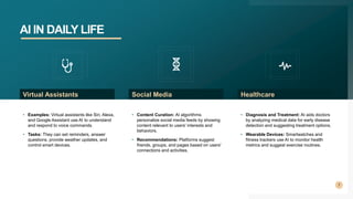 AI IN DAILY LIFE
7
• Examples: Virtual assistants like Siri, Alexa,
and Google Assistant use AI to understand
and respond to voice commands.
• Tasks: They can set reminders, answer
questions, provide weather updates, and
control smart devices.
Virtual Assistants
• Content Curation: AI algorithms
personalize social media feeds by showing
content relevant to users' interests and
behaviors.
• Recommendations: Platforms suggest
friends, groups, and pages based on users'
connections and activities.
Social Media
• Diagnosis and Treatment: AI aids doctors
by analyzing medical data for early disease
detection and suggesting treatment options.
• Wearable Devices: Smartwatches and
fitness trackers use AI to monitor health
metrics and suggest exercise routines.
Healthcare
 