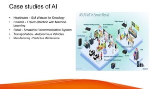 Case studies of AI
• Healthcare - IBM Watson for Oncology
• Finance - Fraud Detection with Machine
Learning
• Retail - Amazon's Recommendation System
• Transportation - Autonomous Vehicles
• Manufacturing - Predictive Maintenance
 