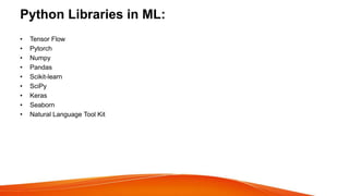 Python Libraries in ML:
• Tensor Flow
• Pytorch
• Numpy
• Pandas
• Scikit-learn
• SciPy
• Keras
• Seaborn
• Natural Language Tool Kit
 