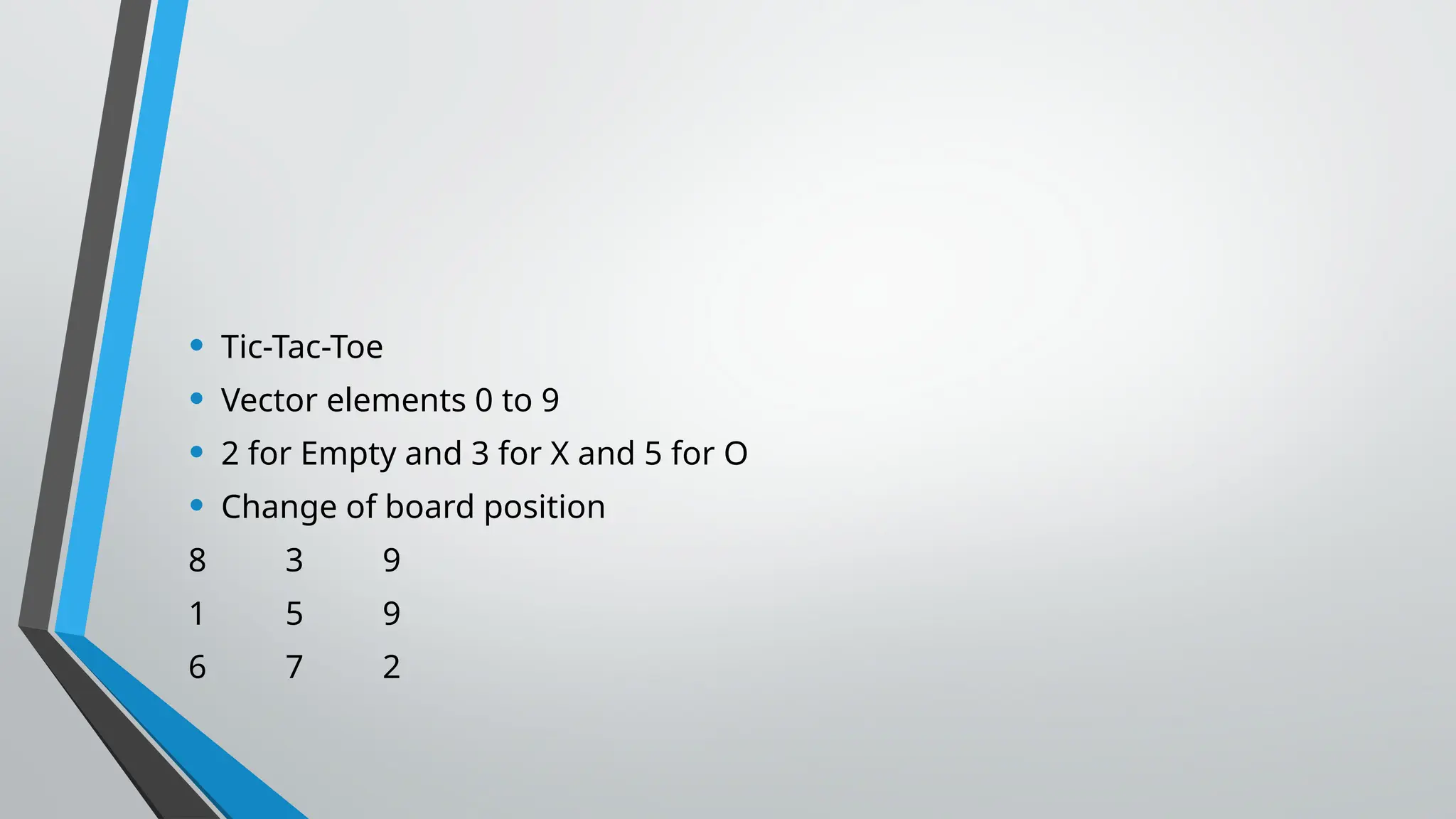 • Tic-Tac-Toe
• Vector elements 0 to 9
• 2 for Empty and 3 for X and 5 for O
• Change of board position
8 3 9
1 5 9
6 7 2
 