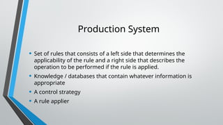 Production System
• Set of rules that consists of a left side that determines the
applicability of the rule and a right side that describes the
operation to be performed if the rule is applied.
• Knowledge / databases that contain whatever information is
appropriate
• A control strategy
• A rule applier
 