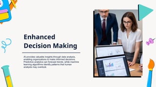 Enhanced
Decision Making
AI provides valuable insights through data analysis,
enabling organizations to make informed decisions.
Predictive analytics can forecast trends, while machine
learning algorithms identify patterns that human
analysts may overlook.
 