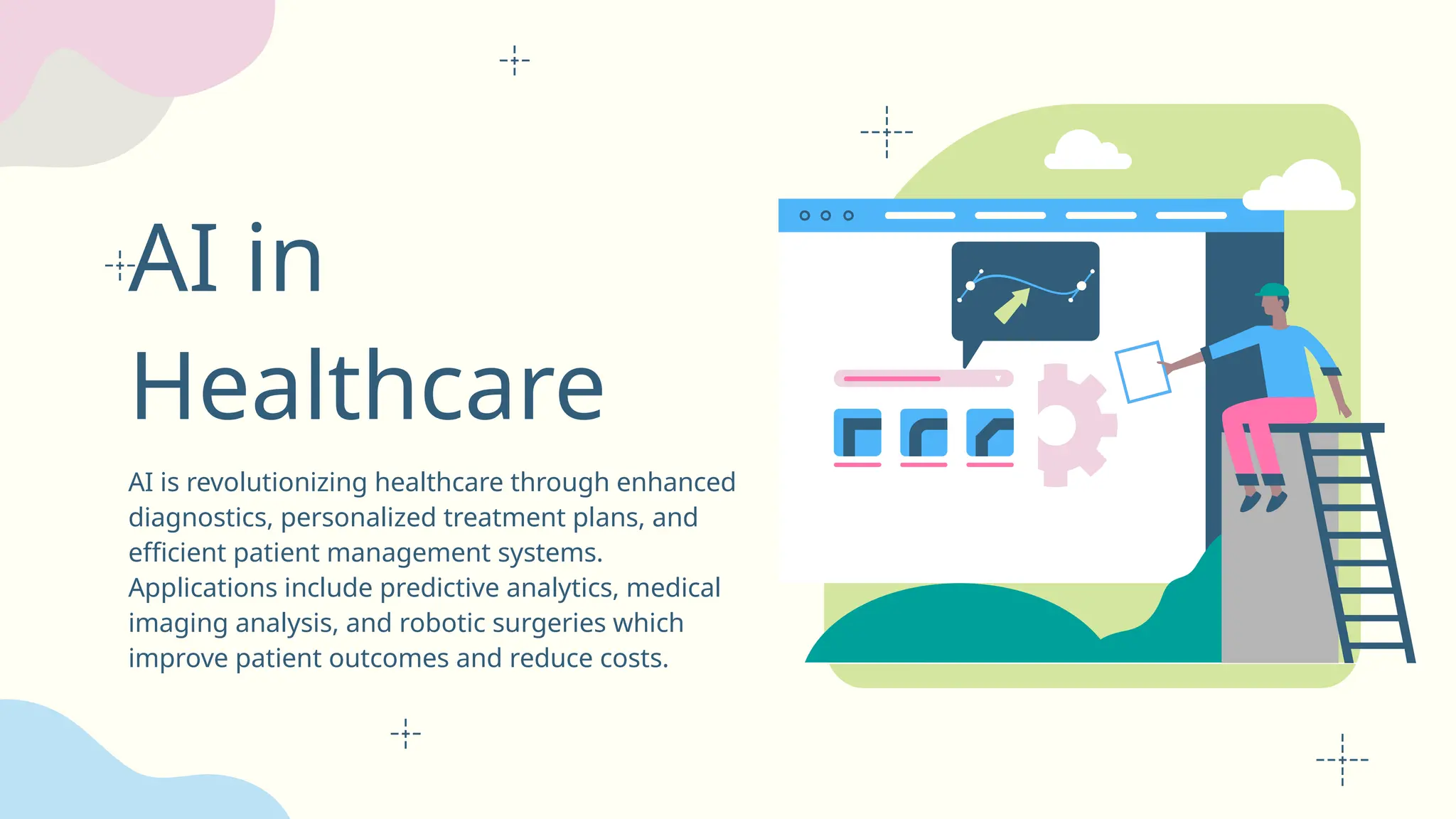 AI in
Healthcare
AI is revolutionizing healthcare through enhanced
diagnostics, personalized treatment plans, and
efficient patient management systems.
Applications include predictive analytics, medical
imaging analysis, and robotic surgeries which
improve patient outcomes and reduce costs.
 