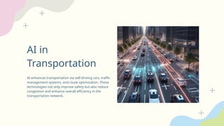 AI in
Transportation
AI enhances transportation via self-driving cars, traffic
management systems, and route optimization. These
technologies not only improve safety but also reduce
congestion and enhance overall efficiency in the
transportation network.
 