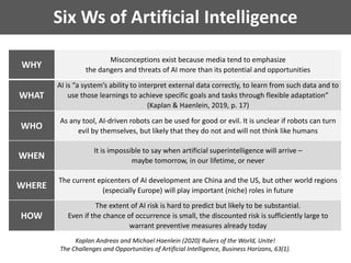 Six Ws of Artificial Intelligence
WHY
Misconceptions exist because media tend to emphasize
the dangers and threats of AI more than its potential and opportunities
WHAT
AI is “a system’s ability to interpret external data correctly, to learn from such data and to
use those learnings to achieve specific goals and tasks through flexible adaptation”
(Kaplan & Haenlein, 2019, p. 17)
WHO
As any tool, AI-driven robots can be used for good or evil. It is unclear if robots can turn
evil by themselves, but likely that they do not and will not think like humans
WHEN
It is impossible to say when artificial superintelligence will arrive –
maybe tomorrow, in our lifetime, or never
WHERE
The current epicenters of AI development are China and the US, but other world regions
(especially Europe) will play important (niche) roles in future
HOW
The extent of AI risk is hard to predict but likely to be substantial.
Even if the chance of occurrence is small, the discounted risk is sufficiently large to
warrant preventive measures already today
Kaplan Andreas and Michael Haenlein (2020) Rulers of the World, Unite!
The Challenges and Opportunities of Artificial Intelligence, Business Horizons, 63(1).
 