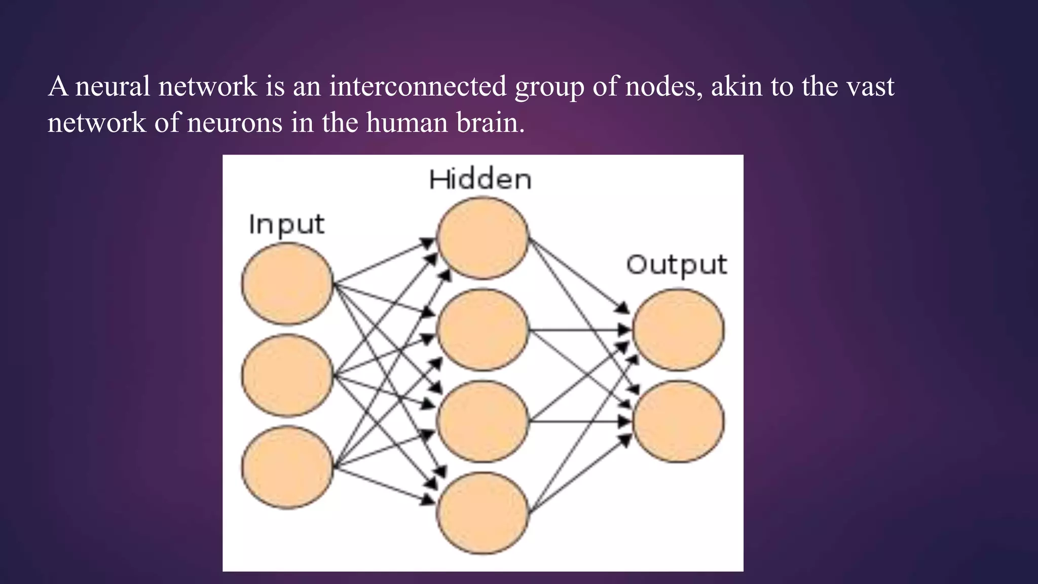 A neural network is an interconnected group of nodes, akin to the vast
network of neurons in the human brain.
 
