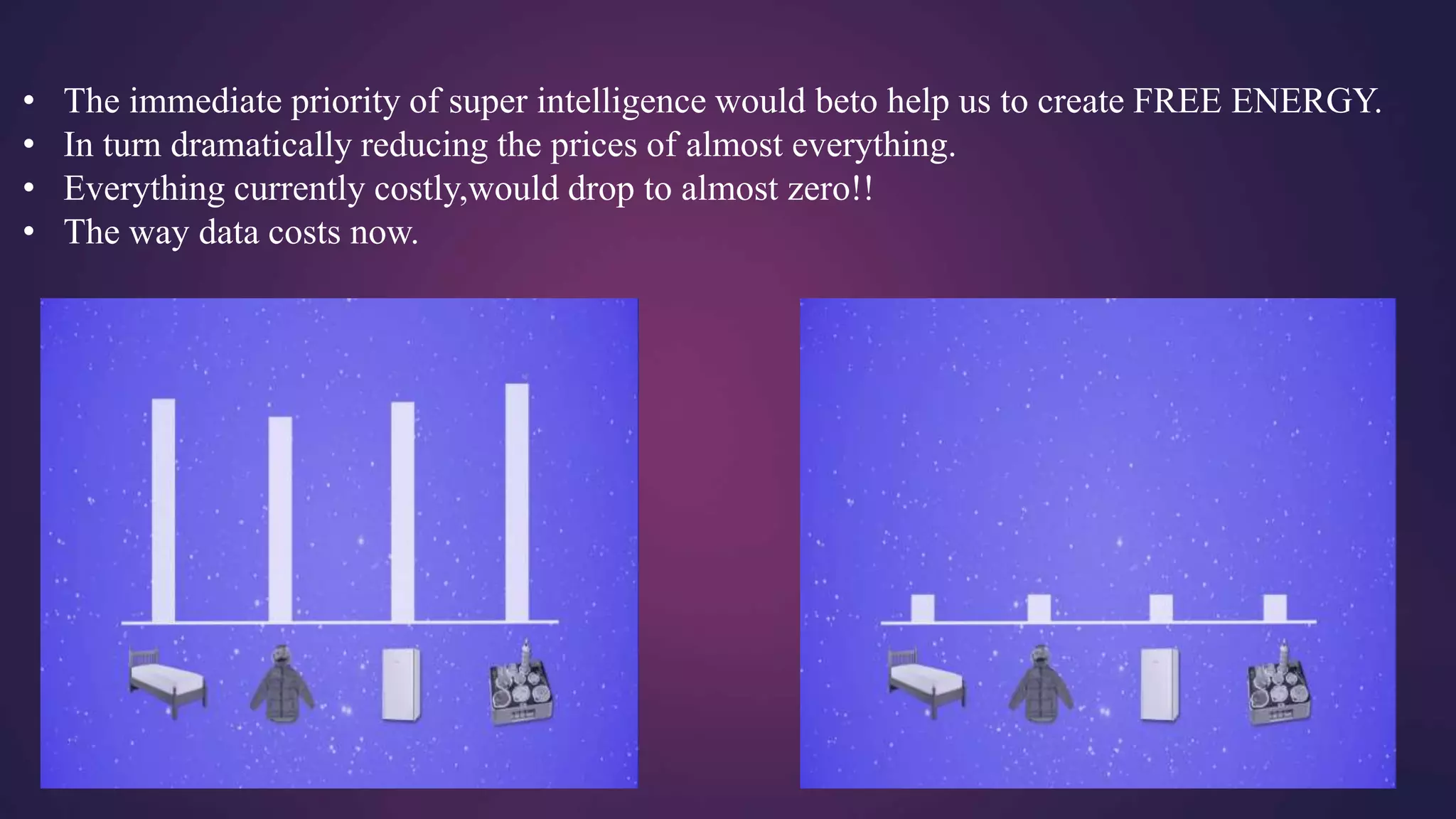 • The immediate priority of super intelligence would beto help us to create FREE ENERGY.
• In turn dramatically reducing the prices of almost everything.
• Everything currently costly,would drop to almost zero!!
• The way data costs now.
 