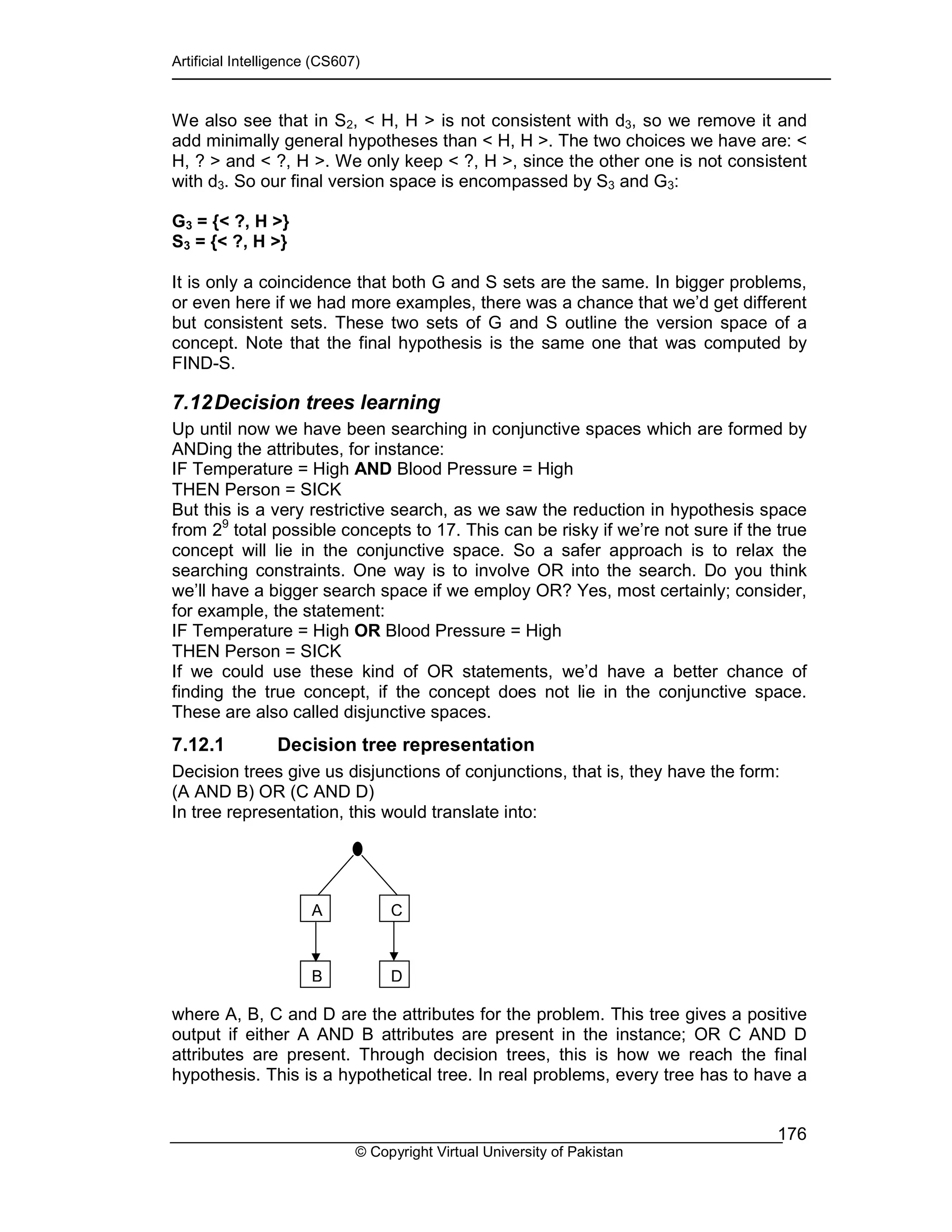 Artificial Intelligence (CS607)
© Copyright Virtual University of Pakistan
176
We also see that in S2, < H, H > is not consistent with d3, so we remove it and
add minimally general hypotheses than < H, H >. The two choices we have are: <
H, ? > and < ?, H >. We only keep < ?, H >, since the other one is not consistent
with d3. So our final version space is encompassed by S3 and G3:
G3 = {< ?, H >}
S3 = {< ?, H >}
It is only a coincidence that both G and S sets are the same. In bigger problems,
or even here if we had more examples, there was a chance that we’d get different
but consistent sets. These two sets of G and S outline the version space of a
concept. Note that the final hypothesis is the same one that was computed by
FIND-S.
7.12Decision trees learning
Up until now we have been searching in conjunctive spaces which are formed by
ANDing the attributes, for instance:
IF Temperature = High AND Blood Pressure = High
THEN Person = SICK
But this is a very restrictive search, as we saw the reduction in hypothesis space
from 29
total possible concepts to 17. This can be risky if we’re not sure if the true
concept will lie in the conjunctive space. So a safer approach is to relax the
searching constraints. One way is to involve OR into the search. Do you think
we’ll have a bigger search space if we employ OR? Yes, most certainly; consider,
for example, the statement:
IF Temperature = High OR Blood Pressure = High
THEN Person = SICK
If we could use these kind of OR statements, we’d have a better chance of
finding the true concept, if the concept does not lie in the conjunctive space.
These are also called disjunctive spaces.
7.12.1 Decision tree representation
Decision trees give us disjunctions of conjunctions, that is, they have the form:
(A AND B) OR (C AND D)
In tree representation, this would translate into:
where A, B, C and D are the attributes for the problem. This tree gives a positive
output if either A AND B attributes are present in the instance; OR C AND D
attributes are present. Through decision trees, this is how we reach the final
hypothesis. This is a hypothetical tree. In real problems, every tree has to have a
A
B
C
D
 