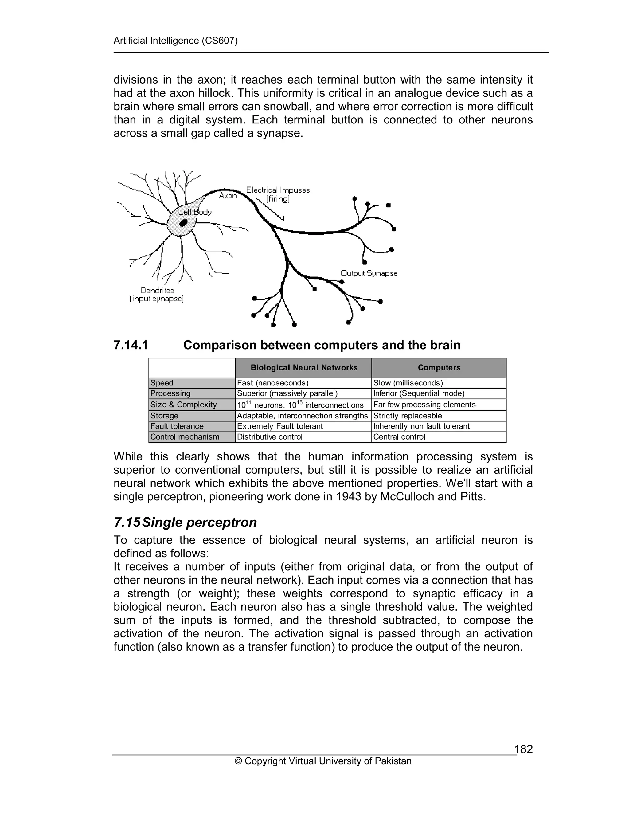 Artificial Intelligence (CS607)
© Copyright Virtual University of Pakistan
182
divisions in the axon; it reaches each terminal button with the same intensity it
had at the axon hillock. This uniformity is critical in an analogue device such as a
brain where small errors can snowball, and where error correction is more difficult
than in a digital system. Each terminal button is connected to other neurons
across a small gap called a synapse.
7.14.1 Comparison between computers and the brain
While this clearly shows that the human information processing system is
superior to conventional computers, but still it is possible to realize an artificial
neural network which exhibits the above mentioned properties. We’ll start with a
single perceptron, pioneering work done in 1943 by McCulloch and Pitts.
7.15Single perceptron
To capture the essence of biological neural systems, an artificial neuron is
defined as follows:
It receives a number of inputs (either from original data, or from the output of
other neurons in the neural network). Each input comes via a connection that has
a strength (or weight); these weights correspond to synaptic efficacy in a
biological neuron. Each neuron also has a single threshold value. The weighted
sum of the inputs is formed, and the threshold subtracted, to compose the
activation of the neuron. The activation signal is passed through an activation
function (also known as a transfer function) to produce the output of the neuron.
Biological Neural Networks Computers
Speed Fast (nanoseconds) Slow (milliseconds)
Processing Superior (massively parallel) Inferior (Sequential mode)
Size & Complexity 1011
neurons, 1015
interconnections Far few processing elements
Storage Adaptable, interconnection strengths Strictly replaceable
Fault tolerance Extremely Fault tolerant Inherently non fault tolerant
Control mechanism Distributive control Central control
 