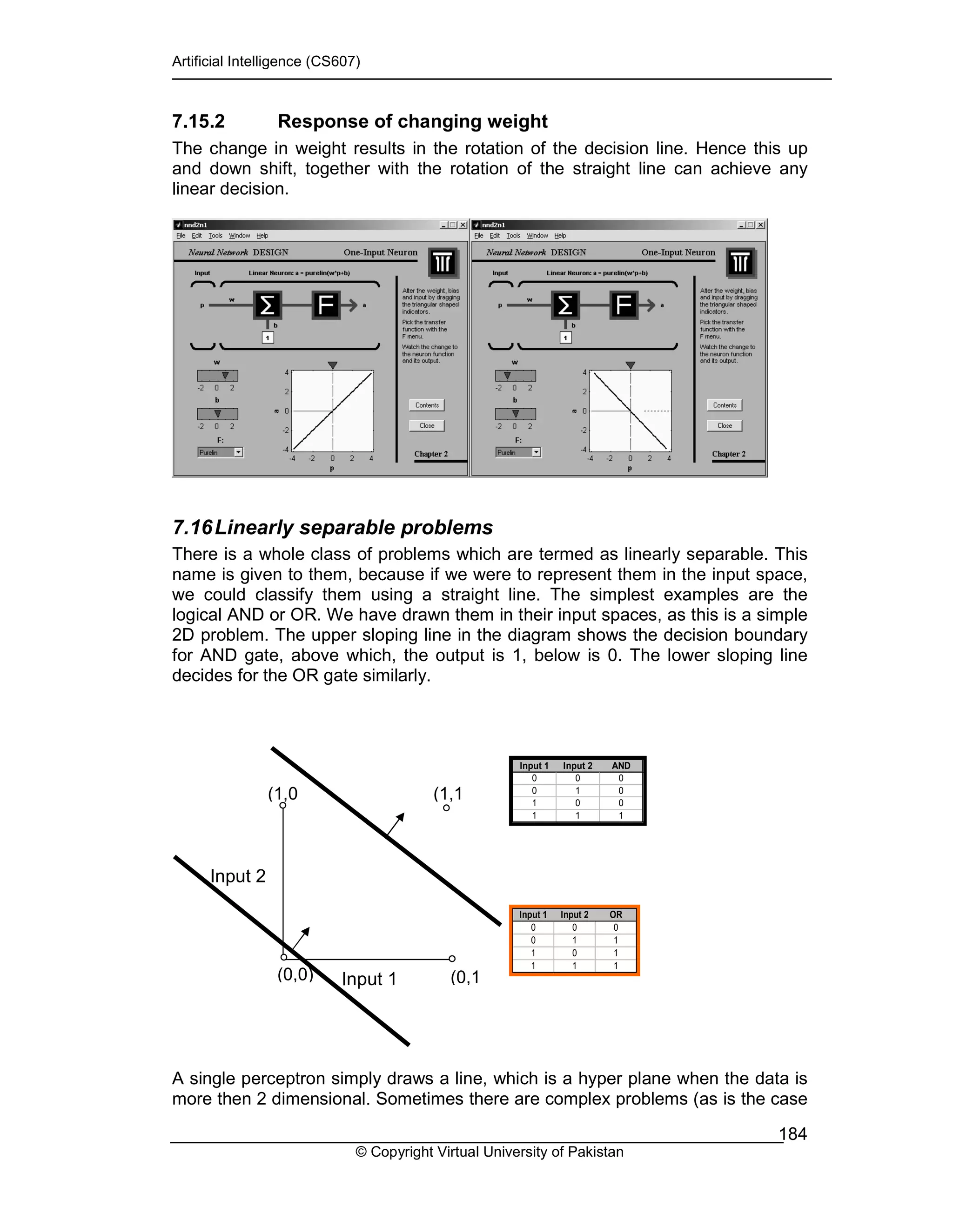 Artificial Intelligence (CS607)
© Copyright Virtual University of Pakistan
184
7.15.2 Response of changing weight
The change in weight results in the rotation of the decision line. Hence this up
and down shift, together with the rotation of the straight line can achieve any
linear decision.
7.16Linearly separable problems
There is a whole class of problems which are termed as linearly separable. This
name is given to them, because if we were to represent them in the input space,
we could classify them using a straight line. The simplest examples are the
logical AND or OR. We have drawn them in their input spaces, as this is a simple
2D problem. The upper sloping line in the diagram shows the decision boundary
for AND gate, above which, the output is 1, below is 0. The lower sloping line
decides for the OR gate similarly.
A single perceptron simply draws a line, which is a hyper plane when the data is
more then 2 dimensional. Sometimes there are complex problems (as is the case
(0,0) (0,1
(1,0
Input 2
Input 1
Input 1 Input 2 AND
0 0 0
0 1 0
1 0 0
1 1 1
Input 1 Input 2 OR
0 0 0
0 1 1
1 0 1
1 1 1
(1,1
 