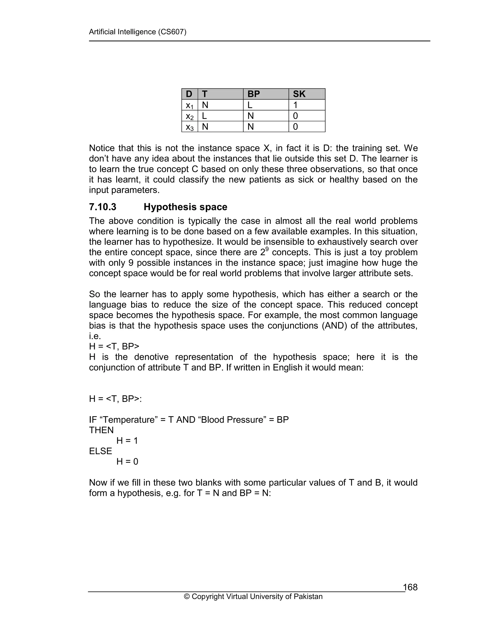 Artificial Intelligence (CS607)
© Copyright Virtual University of Pakistan
168
D T BP SK
x1 N L 1
x2 L N 0
x3 N N 0
Notice that this is not the instance space X, in fact it is D: the training set. We
don’t have any idea about the instances that lie outside this set D. The learner is
to learn the true concept C based on only these three observations, so that once
it has learnt, it could classify the new patients as sick or healthy based on the
input parameters.
7.10.3 Hypothesis space
The above condition is typically the case in almost all the real world problems
where learning is to be done based on a few available examples. In this situation,
the learner has to hypothesize. It would be insensible to exhaustively search over
the entire concept space, since there are 29
concepts. This is just a toy problem
with only 9 possible instances in the instance space; just imagine how huge the
concept space would be for real world problems that involve larger attribute sets.
So the learner has to apply some hypothesis, which has either a search or the
language bias to reduce the size of the concept space. This reduced concept
space becomes the hypothesis space. For example, the most common language
bias is that the hypothesis space uses the conjunctions (AND) of the attributes,
i.e.
H = <T, BP>
H is the denotive representation of the hypothesis space; here it is the
conjunction of attribute T and BP. If written in English it would mean:
H = <T, BP>:
IF “Temperature” = T AND “Blood Pressure” = BP
THEN
H = 1
ELSE
H = 0
Now if we fill in these two blanks with some particular values of T and B, it would
form a hypothesis, e.g. for T = N and BP = N:
 