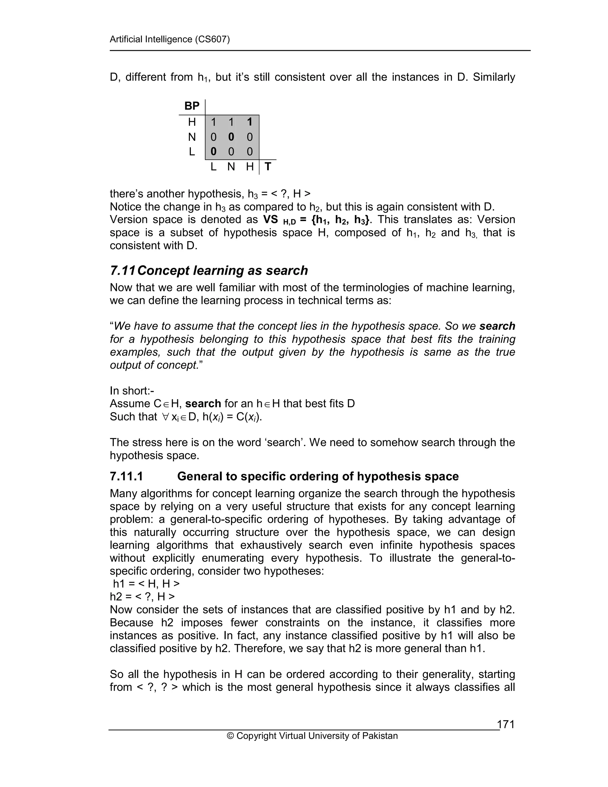 Artificial Intelligence (CS607)
© Copyright Virtual University of Pakistan
171
D, different from h1, but it’s still consistent over all the instances in D. Similarly
there’s another hypothesis, h3 = < ?, H >
Notice the change in h3 as compared to h2, but this is again consistent with D.
Version space is denoted as VS H,D = {h1, h2, h3}. This translates as: Version
space is a subset of hypothesis space H, composed of h1, h2 and h3, that is
consistent with D.
7.11Concept learning as search
Now that we are well familiar with most of the terminologies of machine learning,
we can define the learning process in technical terms as:
“We have to assume that the concept lies in the hypothesis space. So we search
for a hypothesis belonging to this hypothesis space that best fits the training
examples, such that the output given by the hypothesis is same as the true
output of concept.”
In short:-
Assume C∈H, search for an h∈H that best fits D
Such that ∀ xi∈D, h(xi) = C(xi).
The stress here is on the word ‘search’. We need to somehow search through the
hypothesis space.
7.11.1 General to specific ordering of hypothesis space
Many algorithms for concept learning organize the search through the hypothesis
space by relying on a very useful structure that exists for any concept learning
problem: a general-to-specific ordering of hypotheses. By taking advantage of
this naturally occurring structure over the hypothesis space, we can design
learning algorithms that exhaustively search even infinite hypothesis spaces
without explicitly enumerating every hypothesis. To illustrate the general-to-
specific ordering, consider two hypotheses:
h1 = < H, H >
h2 = < ?, H >
Now consider the sets of instances that are classified positive by h1 and by h2.
Because h2 imposes fewer constraints on the instance, it classifies more
instances as positive. In fact, any instance classified positive by h1 will also be
classified positive by h2. Therefore, we say that h2 is more general than h1.
So all the hypothesis in H can be ordered according to their generality, starting
from < ?, ? > which is the most general hypothesis since it always classifies all
BP
H 1 1 1
N 0 0 0
L 0 0 0
L N H T
 