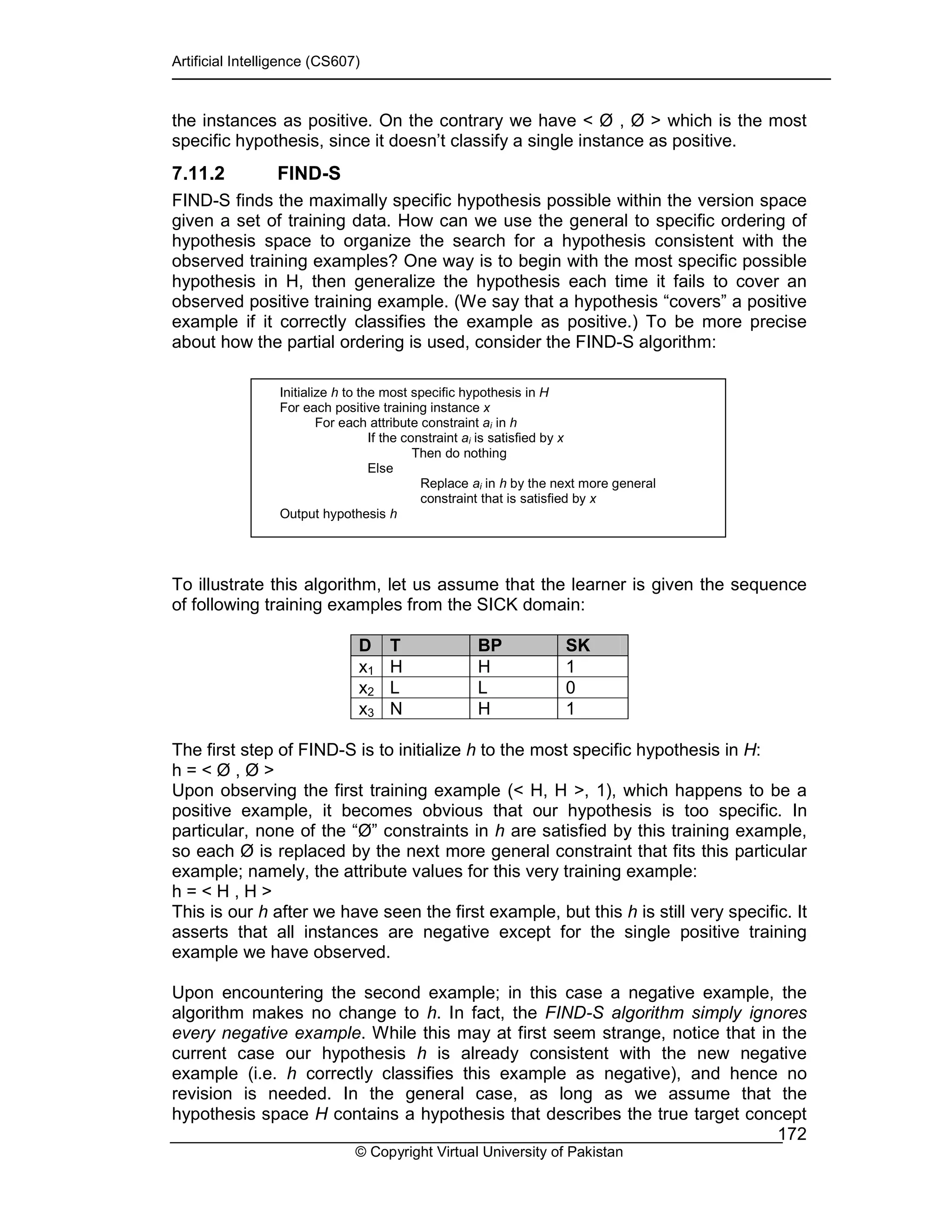 Artificial Intelligence (CS607)
© Copyright Virtual University of Pakistan
172
the instances as positive. On the contrary we have < Ø , Ø > which is the most
specific hypothesis, since it doesn’t classify a single instance as positive.
7.11.2 FIND-S
FIND-S finds the maximally specific hypothesis possible within the version space
given a set of training data. How can we use the general to specific ordering of
hypothesis space to organize the search for a hypothesis consistent with the
observed training examples? One way is to begin with the most specific possible
hypothesis in H, then generalize the hypothesis each time it fails to cover an
observed positive training example. (We say that a hypothesis “covers” a positive
example if it correctly classifies the example as positive.) To be more precise
about how the partial ordering is used, consider the FIND-S algorithm:
To illustrate this algorithm, let us assume that the learner is given the sequence
of following training examples from the SICK domain:
D T BP SK
x1 H H 1
x2 L L 0
x3 N H 1
The first step of FIND-S is to initialize h to the most specific hypothesis in H:
h = < Ø , Ø >
Upon observing the first training example (< H, H >, 1), which happens to be a
positive example, it becomes obvious that our hypothesis is too specific. In
particular, none of the “Ø” constraints in h are satisfied by this training example,
so each Ø is replaced by the next more general constraint that fits this particular
example; namely, the attribute values for this very training example:
h = < H , H >
This is our h after we have seen the first example, but this h is still very specific. It
asserts that all instances are negative except for the single positive training
example we have observed.
Upon encountering the second example; in this case a negative example, the
algorithm makes no change to h. In fact, the FIND-S algorithm simply ignores
every negative example. While this may at first seem strange, notice that in the
current case our hypothesis h is already consistent with the new negative
example (i.e. h correctly classifies this example as negative), and hence no
revision is needed. In the general case, as long as we assume that the
hypothesis space H contains a hypothesis that describes the true target concept
Initialize h to the most specific hypothesis in H
For each positive training instance x
For each attribute constraint ai in h
If the constraint ai is satisfied by x
Then do nothing
Else
Replace ai in h by the next more general
constraint that is satisfied by x
Output hypothesis h
 