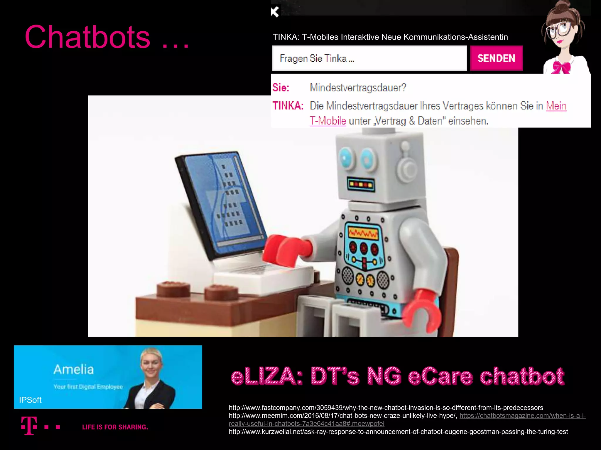 12
Chatbots …
http://www.fastcompany.com/3059439/why-the-new-chatbot-invasion-is-so-different-from-its-predecessors
http://www.meemim.com/2016/08/17/chat-bots-new-craze-unlikely-live-hype/, https://chatbotsmagazine.com/when-is-a-i-
really-useful-in-chatbots-7a3e64c41aa8#.moewpofei
http://www.kurzweilai.net/ask-ray-response-to-announcement-of-chatbot-eugene-goostman-passing-the-turing-test
TINKA: T-Mobiles Interaktive Neue Kommunikations-Assistentin
IPSoft
 