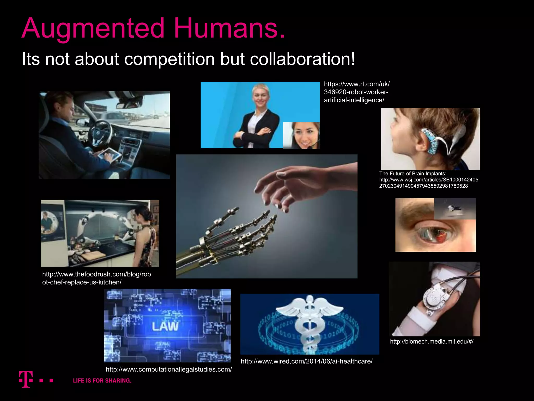 16
Augmented Humans.
Its not about competition but collaboration!
http://biomech.media.mit.edu/#/
The Future of Brain Implants:
http://www.wsj.com/articles/SB1000142405
2702304914904579435592981780528
http://www.thefoodrush.com/blog/rob
ot-chef-replace-us-kitchen/
http://www.computationallegalstudies.com/
http://www.wired.com/2014/06/ai-healthcare/
https://www.rt.com/uk/
346920-robot-worker-
artificial-intelligence/
 
