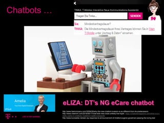12
Chatbots …
http://www.fastcompany.com/3059439/why-the-new-chatbot-invasion-is-so-different-from-its-predecessors
http://www.meemim.com/2016/08/17/chat-bots-new-craze-unlikely-live-hype/, https://chatbotsmagazine.com/when-is-a-i-
really-useful-in-chatbots-7a3e64c41aa8#.moewpofei
http://www.kurzweilai.net/ask-ray-response-to-announcement-of-chatbot-eugene-goostman-passing-the-turing-test
TINKA: T-Mobiles Interaktive Neue Kommunikations-Assistentin
IPSoft
 