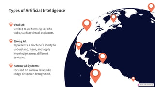WeakAI:
Limitedtoperformingspeci c
tasks,suchasvirtualassistants.
StrongAI:
Representsamachinesabilityto
understand,learn,andapply
knowledgeacrossdi erent
domains.
NarrowAISystems:
Focusedonnarrowtasks,like
imageorspeechrecognition.
TypesofArti cialIntelligence
 