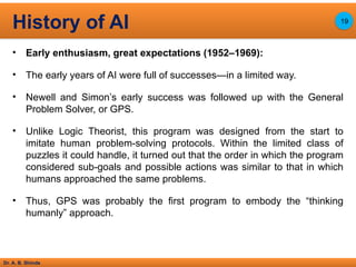 Dr. A. B. Shinde
• Early enthusiasm, great expectations (1952–1969):
• The early years of AI were full of successes—in a limited way.
• Newell and Simon’s early success was followed up with the General
Problem Solver, or GPS.
• Unlike Logic Theorist, this program was designed from the start to
imitate human problem-solving protocols. Within the limited class of
puzzles it could handle, it turned out that the order in which the program
considered sub-goals and possible actions was similar to that in which
humans approached the same problems.
• Thus, GPS was probably the first program to embody the “thinking
humanly” approach.
History of AI 19
 