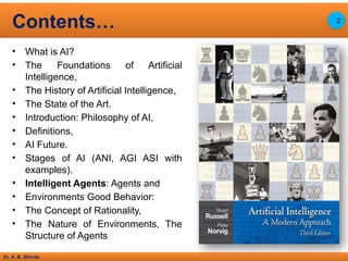 Dr. A. B. Shinde
• What is AI?
• The Foundations of Artificial
Intelligence,
• The History of Artificial Intelligence,
• The State of the Art.
• Introduction: Philosophy of AI,
• Definitions,
• AI Future.
• Stages of AI (ANI, AGI ASI with
examples).
• Intelligent Agents: Agents and
• Environments Good Behavior:
• The Concept of Rationality,
• The Nature of Environments, The
Structure of Agents
Contents… 2
 