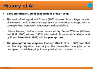 Dr. A. B. Shinde
• Early enthusiasm, great expectations (1952–1969):
• The work of Winograd and Cowan (1963) showed how a large number
of elements could collectively represent an individual concept, with a
corresponding increase in robustness and parallelism.
• Hebb’s learning methods were enhanced by Bernie Widrow (Widrow
and Hoff, 1960; Widrow, 1962), who called his networks adalines, and
by Frank Rosenblatt (1962) with his perceptrons.
• The perceptron convergence theorem (Block et al., 1962) says that
the learning algorithm can adjust the connection strengths of a
perceptron to match any input data, provided such a match exists.
History of AI 22
 