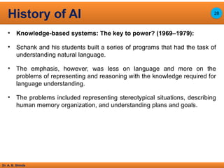 Dr. A. B. Shinde
• Knowledge-based systems: The key to power? (1969–1979):
• Schank and his students built a series of programs that had the task of
understanding natural language.
• The emphasis, however, was less on language and more on the
problems of representing and reasoning with the knowledge required for
language understanding.
• The problems included representing stereotypical situations, describing
human memory organization, and understanding plans and goals.
History of AI 28
 