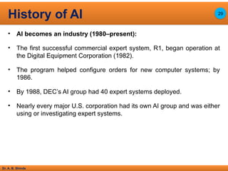 Dr. A. B. Shinde
• AI becomes an industry (1980–present):
• The first successful commercial expert system, R1, began operation at
the Digital Equipment Corporation (1982).
• The program helped configure orders for new computer systems; by
1986.
• By 1988, DEC’s AI group had 40 expert systems deployed.
• Nearly every major U.S. corporation had its own AI group and was either
using or investigating expert systems.
History of AI 29
 