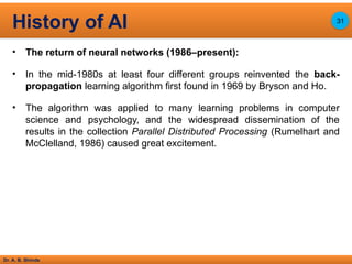 Dr. A. B. Shinde
• The return of neural networks (1986–present):
• In the mid-1980s at least four different groups reinvented the back-
propagation learning algorithm first found in 1969 by Bryson and Ho.
• The algorithm was applied to many learning problems in computer
science and psychology, and the widespread dissemination of the
results in the collection Parallel Distributed Processing (Rumelhart and
McClelland, 1986) caused great excitement.
History of AI 31
 