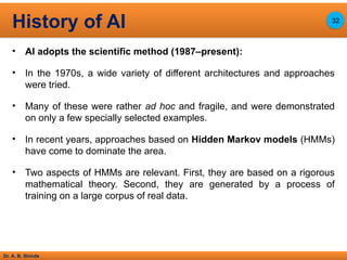 Dr. A. B. Shinde
• AI adopts the scientific method (1987–present):
• In the 1970s, a wide variety of different architectures and approaches
were tried.
• Many of these were rather ad hoc and fragile, and were demonstrated
on only a few specially selected examples.
• In recent years, approaches based on Hidden Markov models (HMMs)
have come to dominate the area.
• Two aspects of HMMs are relevant. First, they are based on a rigorous
mathematical theory. Second, they are generated by a process of
training on a large corpus of real data.
History of AI 32
 