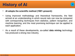 Dr. A. B. Shinde
• AI adopts the scientific method (1987–present):
• Using improved methodology and theoretical frameworks, the field
arrived at an understanding in which neural nets can now be compared
with corresponding techniques from statistics, pattern recognition, and
machine learning, and the most promising technique can be applied to
each application.
• As a result of these developments, so-called data mining technology
has produced a strong new industry.
History of AI 33
 