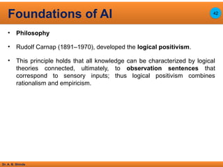 Dr. A. B. Shinde
• Philosophy
• Rudolf Carnap (1891–1970), developed the logical positivism.
• This principle holds that all knowledge can be characterized by logical
theories connected, ultimately, to observation sentences that
correspond to sensory inputs; thus logical positivism combines
rationalism and empiricism.
Foundations of AI 42
 