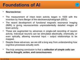 Dr. A. B. Shinde
• Neuroscience:
• The measurement of intact brain activity began in 1929 with the
invention by Hans Berger of the electroencephalograph (EEG).
• The recent development of functional magnetic resonance imaging
(fMRI) is giving neuroscientists unprecedentedly detailed images of
brain activity.
• These are augmented by advances in single-cell recording of neuron
activity. Individual neurons can be stimulated electrically, chemically, or
even optically, allowing neuronal input – output relationships to be
mapped.
• Despite these advances, we are still a long way from understanding how
cognitive processes actually work.
• The truly amazing conclusion is that a collection of simple cells can
lead to thought, action, and consciousness.
Foundations of AI 57
 