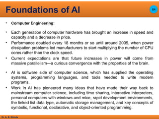 Dr. A. B. Shinde
• Computer Engineering:
• Each generation of computer hardware has brought an increase in speed and
capacity and a decrease in price.
• Performance doubled every 18 months or so until around 2005, when power
dissipation problems led manufacturers to start multiplying the number of CPU
cores rather than the clock speed.
• Current expectations are that future increases in power will come from
massive parallelism—a curious convergence with the properties of the brain.
• AI is software side of computer science, which has supplied the operating
systems, programming languages, and tools needed to write modern
programs.
• Work in AI has pioneered many ideas that have made their way back to
mainstream computer science, including time sharing, interactive interpreters,
personal computers with windows and mice, rapid development environments,
the linked list data type, automatic storage management, and key concepts of
symbolic, functional, declarative, and object-oriented programming.
Foundations of AI 64
 
