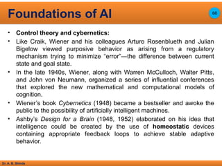 Dr. A. B. Shinde
• Control theory and cybernetics:
• Like Craik, Wiener and his colleagues Arturo Rosenblueth and Julian
Bigelow viewed purposive behavior as arising from a regulatory
mechanism trying to minimize “error”—the difference between current
state and goal state.
• In the late 1940s, Wiener, along with Warren McCulloch, Walter Pitts,
and John von Neumann, organized a series of influential conferences
that explored the new mathematical and computational models of
cognition.
• Wiener’s book Cybernetics (1948) became a bestseller and awoke the
public to the possibility of artificially intelligent machines.
• Ashby’s Design for a Brain (1948, 1952) elaborated on his idea that
intelligence could be created by the use of homeostatic devices
containing appropriate feedback loops to achieve stable adaptive
behavior.
Foundations of AI 66
 