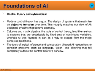 Dr. A. B. Shinde
• Control theory and cybernetics:
• Modern control theory, has a goal: The design of systems that maximize
an objective function over time. This roughly matches our view of AI:
designing systems that behave optimally.
• Calculus and matrix algebra, the tools of control theory, lend themselves
to systems that are describable by fixed sets of continuous variables,
whereas AI was founded in part as a way to escape from the these
perceived limitations.
• The tools of logical inference and computation allowed AI researchers to
consider problems such as language, vision, and planning that fell
completely outside the control theorist’s purview.
Foundations of AI 67
 