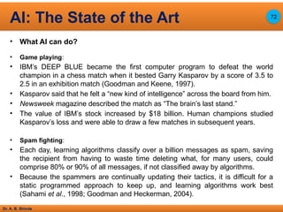 Dr. A. B. Shinde
• What AI can do?
• Game playing:
• IBM’s DEEP BLUE became the first computer program to defeat the world
champion in a chess match when it bested Garry Kasparov by a score of 3.5 to
2.5 in an exhibition match (Goodman and Keene, 1997).
• Kasparov said that he felt a “new kind of intelligence” across the board from him.
• Newsweek magazine described the match as “The brain’s last stand.”
• The value of IBM’s stock increased by $18 billion. Human champions studied
Kasparov’s loss and were able to draw a few matches in subsequent years.
• Spam fighting:
• Each day, learning algorithms classify over a billion messages as spam, saving
the recipient from having to waste time deleting what, for many users, could
comprise 80% or 90% of all messages, if not classified away by algorithms.
• Because the spammers are continually updating their tactics, it is difficult for a
static programmed approach to keep up, and learning algorithms work best
(Sahami et al., 1998; Goodman and Heckerman, 2004).
AI: The State of the Art 72
 