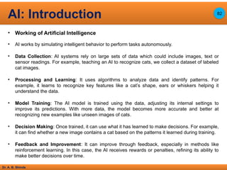 Dr. A. B. Shinde
• Working of Artificial Intelligence
• AI works by simulating intelligent behavior to perform tasks autonomously.
• Data Collection: AI systems rely on large sets of data which could include images, text or
sensor readings. For example, teaching an AI to recognize cats, we collect a dataset of labeled
cat images.
• Processing and Learning: It uses algorithms to analyze data and identify patterns. For
example, it learns to recognize key features like a cat’s shape, ears or whiskers helping it
understand the data.
• Model Training: The AI model is trained using the data, adjusting its internal settings to
improve its predictions. With more data, the model becomes more accurate and better at
recognizing new examples like unseen images of cats.
• Decision Making: Once trained, it can use what it has learned to make decisions. For example,
it can find whether a new image contains a cat based on the patterns it learned during training.
• Feedback and Improvement: It can improve through feedback, especially in methods like
reinforcement learning. In this case, the AI receives rewards or penalties, refining its ability to
make better decisions over time.
AI: Introduction 82
 