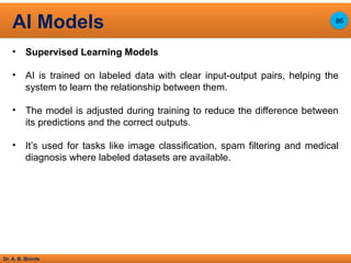 Dr. A. B. Shinde
• Supervised Learning Models
• AI is trained on labeled data with clear input-output pairs, helping the
system to learn the relationship between them.
• The model is adjusted during training to reduce the difference between
its predictions and the correct outputs.
• It’s used for tasks like image classification, spam filtering and medical
diagnosis where labeled datasets are available.
AI Models 86
 