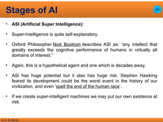 Dr. A. B. Shinde
• ASI (Artificial Super Intelligence):
• Super-Intelligence is quite self-explanatory.
• Oxford Philosopher Nick Bostrom describes ASI as: “any intellect that
greatly exceeds the cognitive performance of humans in virtually all
domains of interest.”
• Again, this is a hypothetical agent and one which is decades away.
• ASI has huge potential but it also has huge risk. Stephen Hawking
feared its development could be the worst event in the history of our
civilization, and even ‘spell the end of the human race‘.
• If we create super-intelligent machines we may put our own existence at
risk.
Stages of AI 91
 