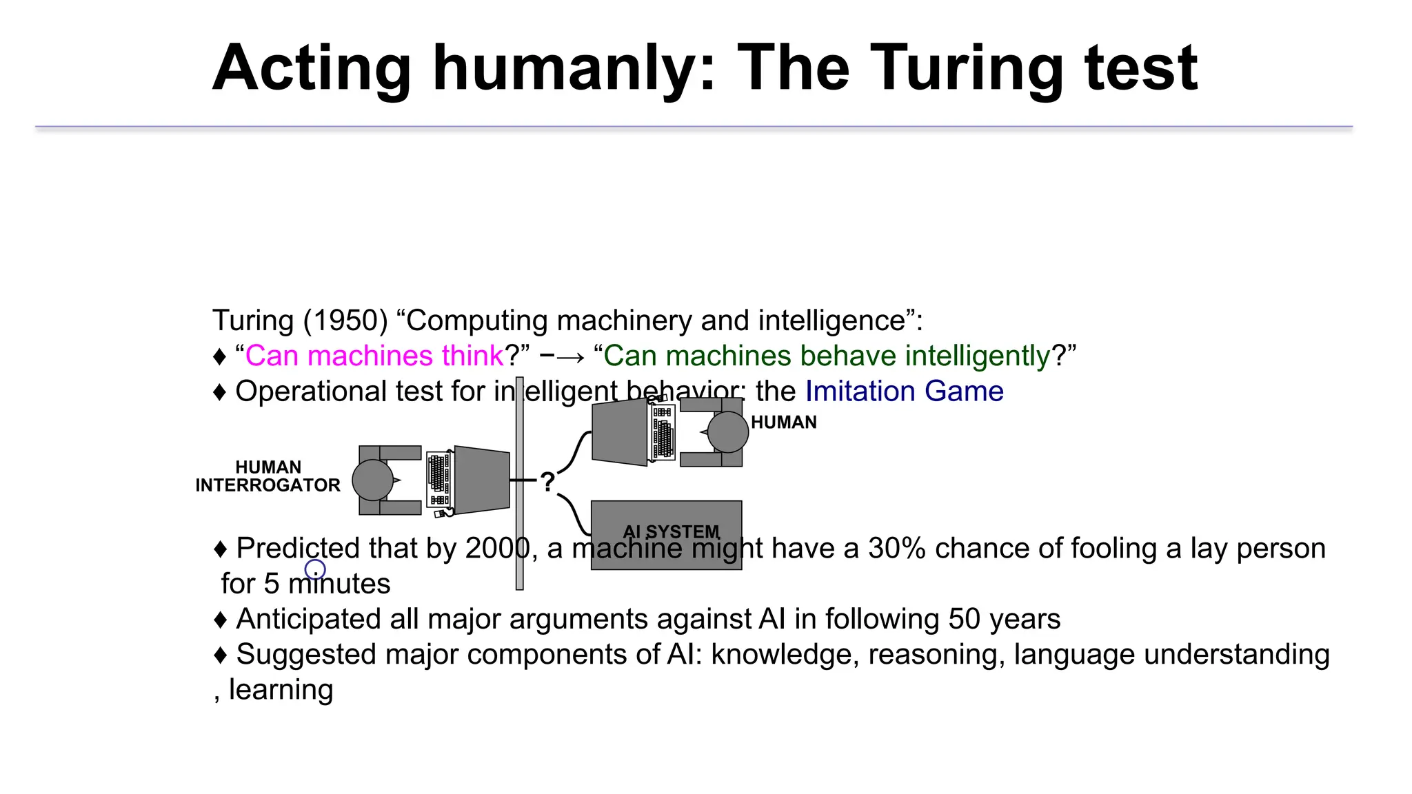 Acting humanly: The Turing test
o
Turing (1950) “Computing machinery and intelligence”:
♦ “Can machines think?” −→ “Can machines behave intelligently?”
♦ Operational test for intelligent behavior: the Imitation Game
♦ Predicted that by 2000, a machine might have a 30% chance of fooling a lay person
for 5 minutes
♦ Anticipated all major arguments against AI in following 50 years
♦ Suggested major components of AI: knowledge, reasoning, language understanding
, learning
 