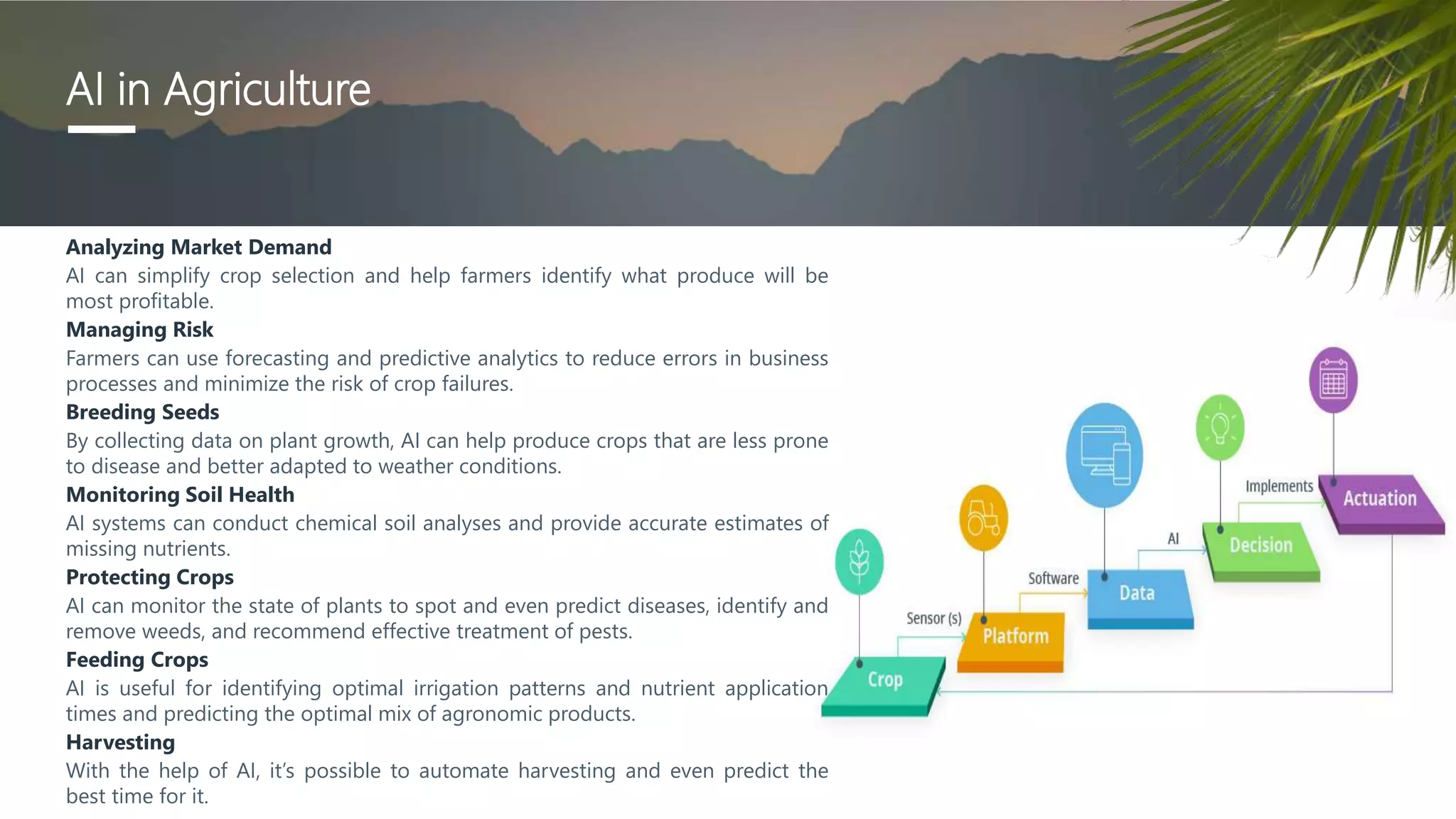 AI in Agriculture
Analyzing Market Demand
AI can simplify crop selection and help farmers identify what produce will be
most profitable.
Managing Risk
Farmers can use forecasting and predictive analytics to reduce errors in business
processes and minimize the risk of crop failures.
Breeding Seeds
By collecting data on plant growth, AI can help produce crops that are less prone
to disease and better adapted to weather conditions.
Monitoring Soil Health
AI systems can conduct chemical soil analyses and provide accurate estimates of
missing nutrients.
Protecting Crops
AI can monitor the state of plants to spot and even predict diseases, identify and
remove weeds, and recommend effective treatment of pests.
Feeding Crops
AI is useful for identifying optimal irrigation patterns and nutrient application
times and predicting the optimal mix of agronomic products.
Harvesting
With the help of AI, it’s possible to automate harvesting and even predict the
best time for it.
 