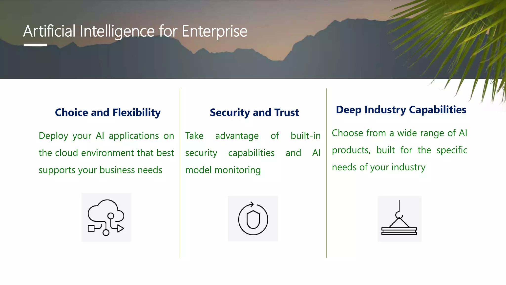 Artificial Intelligence for Enterprise
Choice and Flexibility
Deploy your AI applications on
the cloud environment that best
supports your business needs
Security and Trust
Take advantage of built-in
security capabilities and AI
model monitoring
Deep Industry Capabilities
Choose from a wide range of AI
products, built for the specific
needs of your industry
 